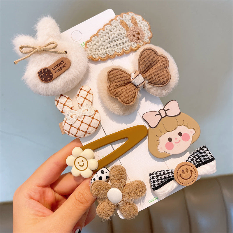 Wholesale Multi Piece Set Autumn and Winter Plush Hair Clip, Children's Coffee Color Cute Forehead Bangs Hair Clip